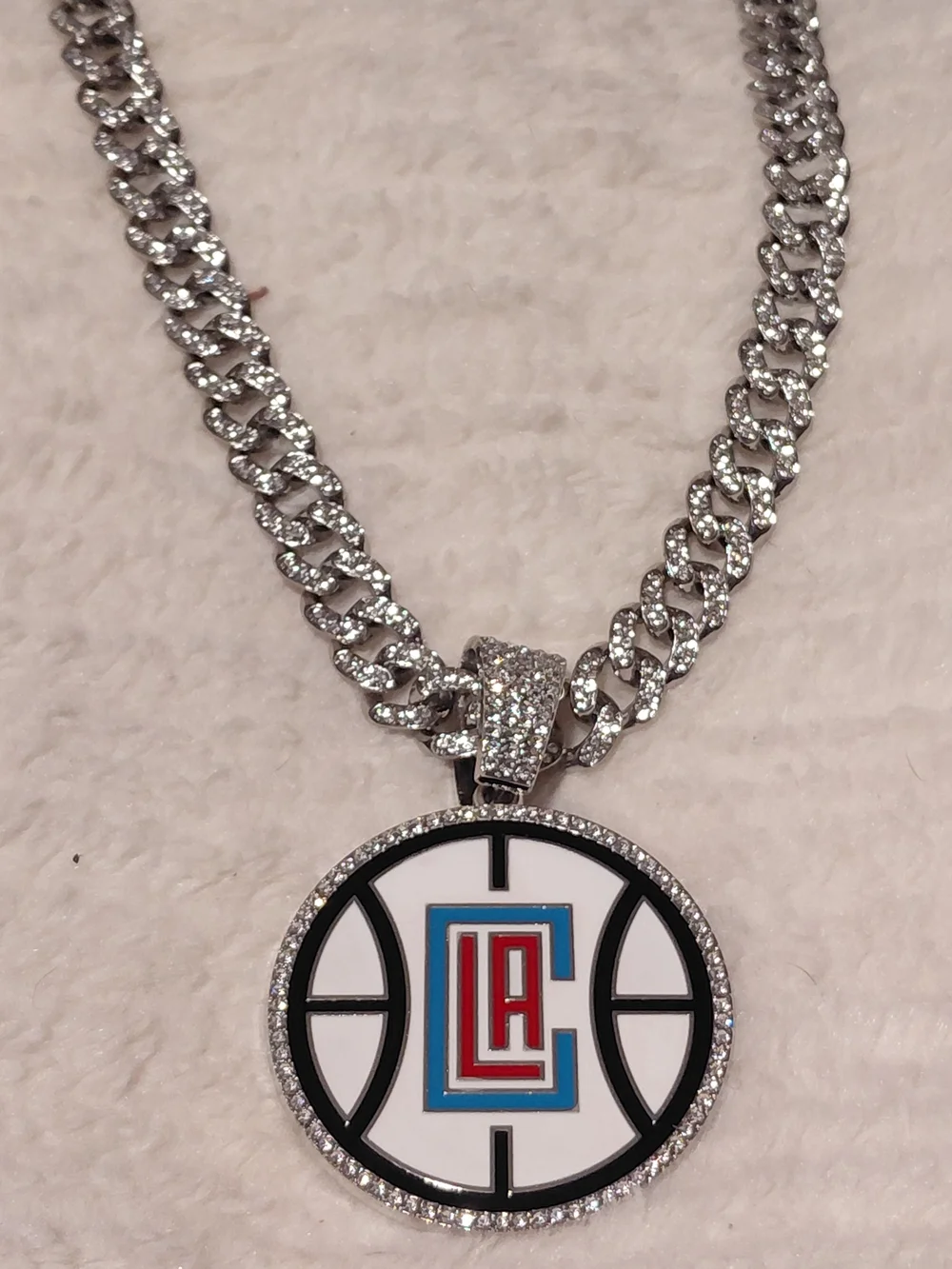 LA Logo Silver-Tone Crystal Basketball Pendant Necklace - White, Red & Blue